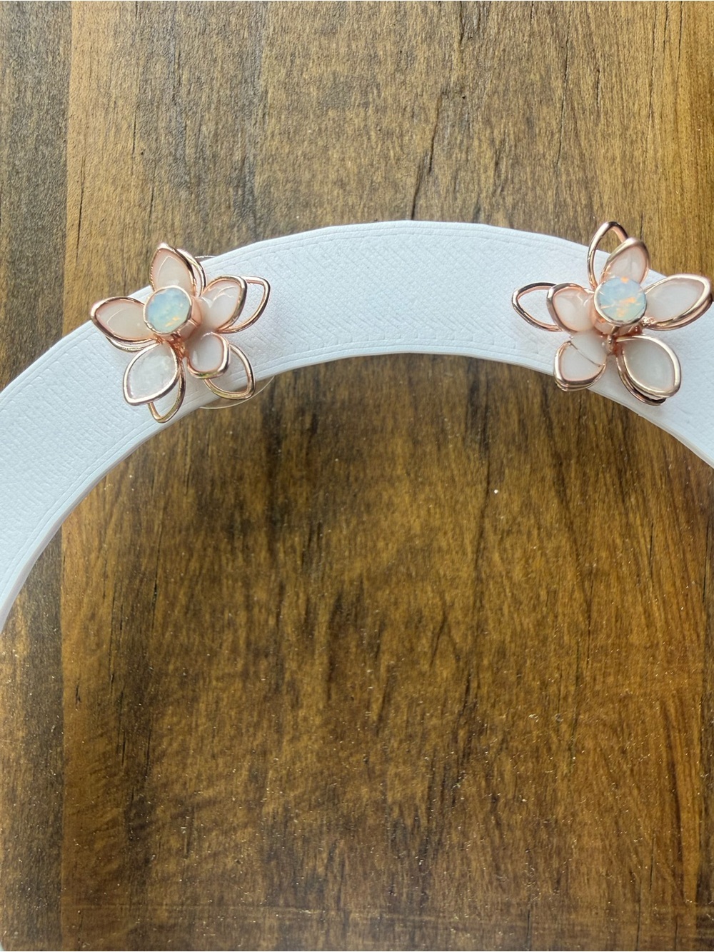 Rose Gold Floral Opal Stud Earrings - Pink White